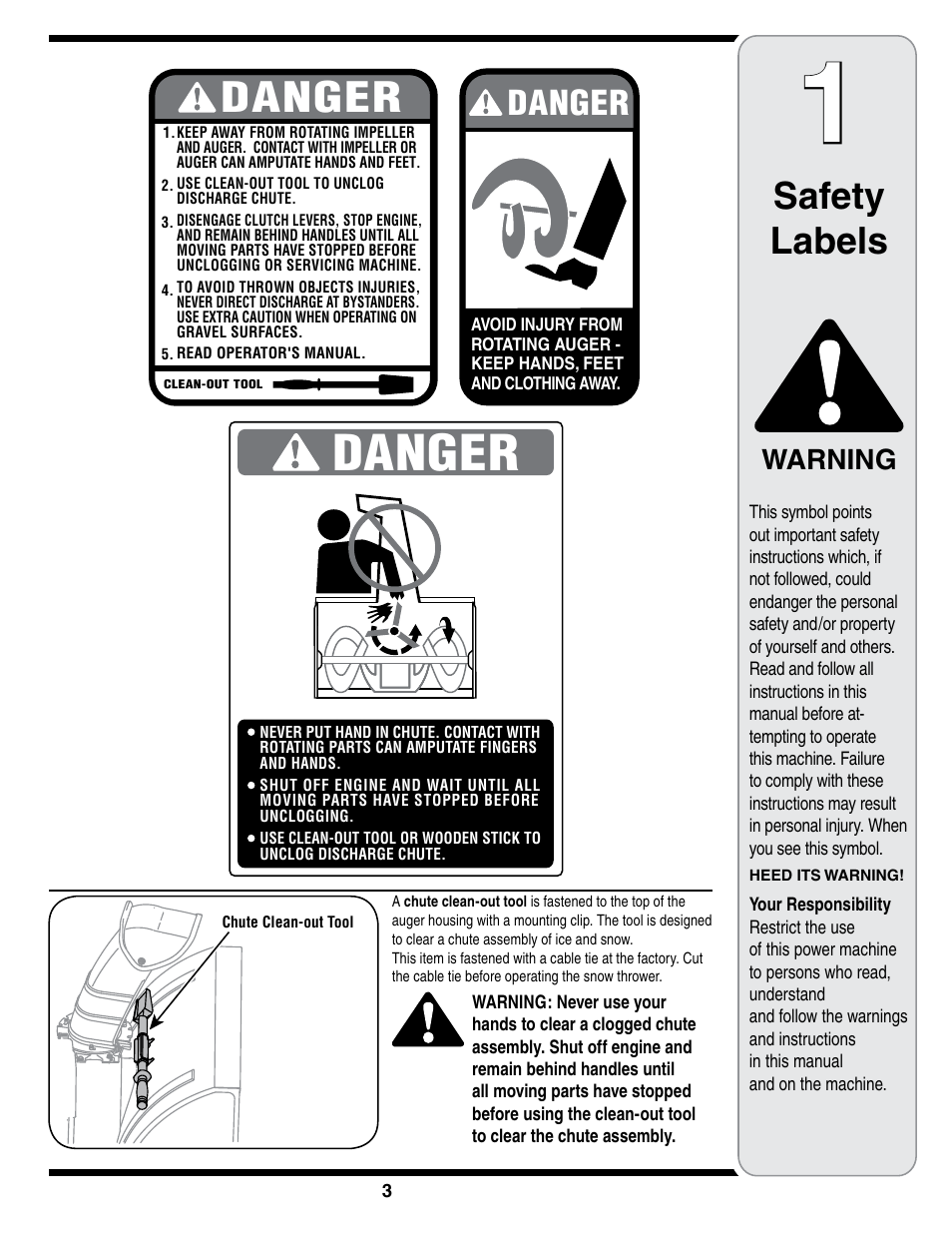 Safety labels, Warning | White Outdoor 769-01923A User Manual | Page 3 / 28
