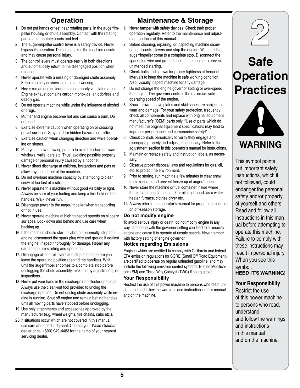 Safe operation practices, Warning, Operation | Maintenance & storage | White Outdoor 769-01923A User Manual | Page 5 / 28