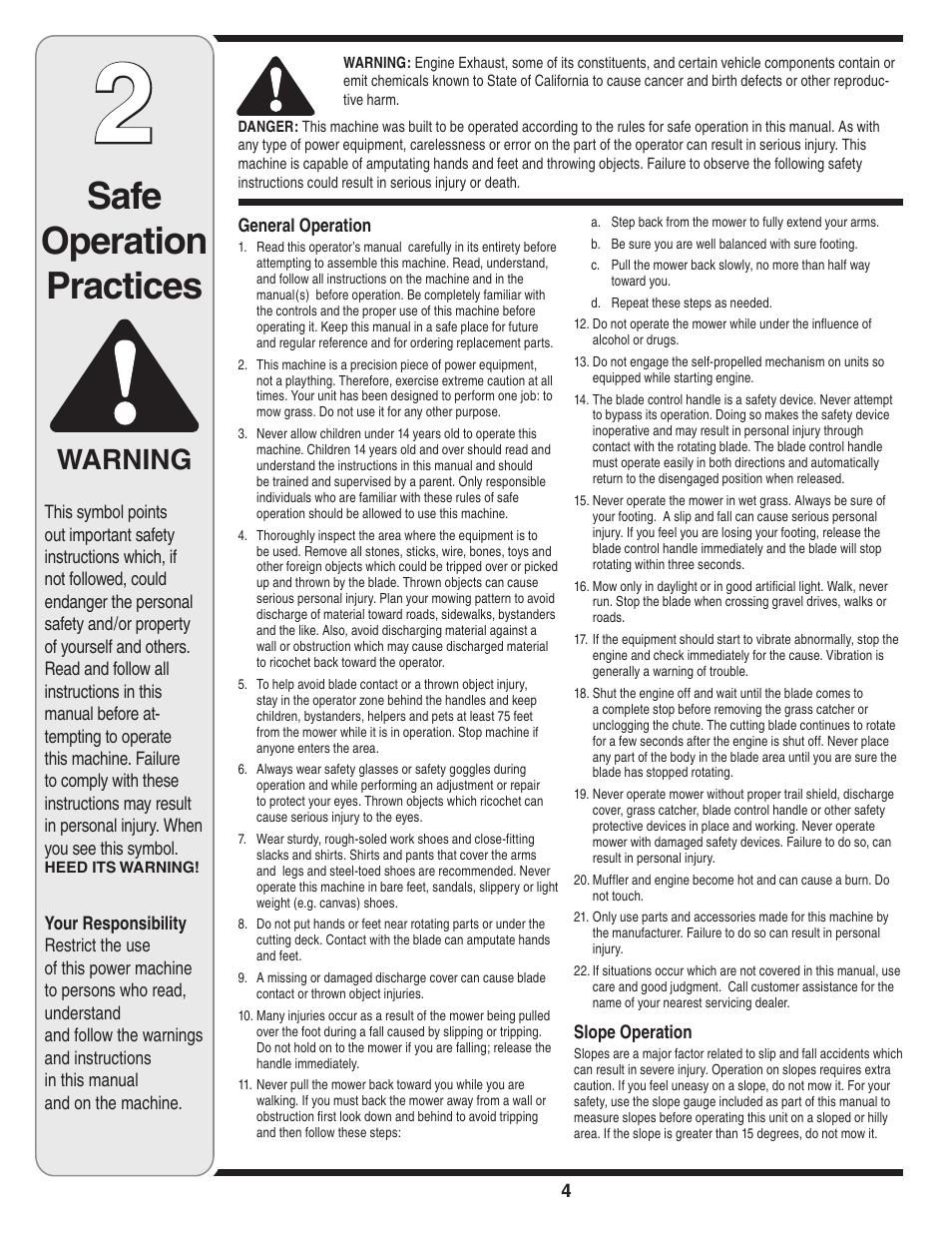 Safe operation practices, Warning | White Outdoor 100 User Manual | Page 4 / 28