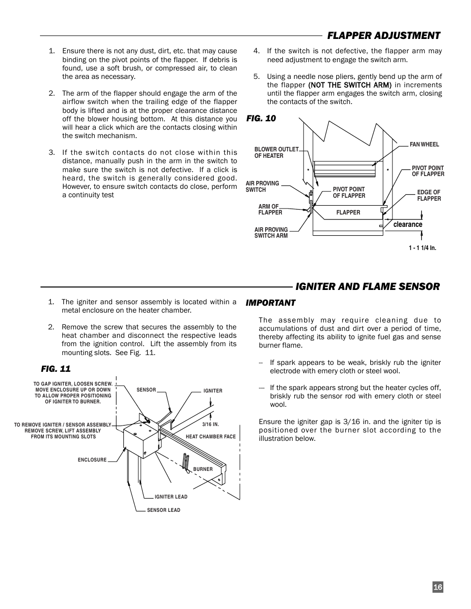 Igniter and flame sensor, Flapper adjustment, Fig. 11 important | Fig. 10 | White Outdoor FUEL HD120 User Manual | Page 17 / 30