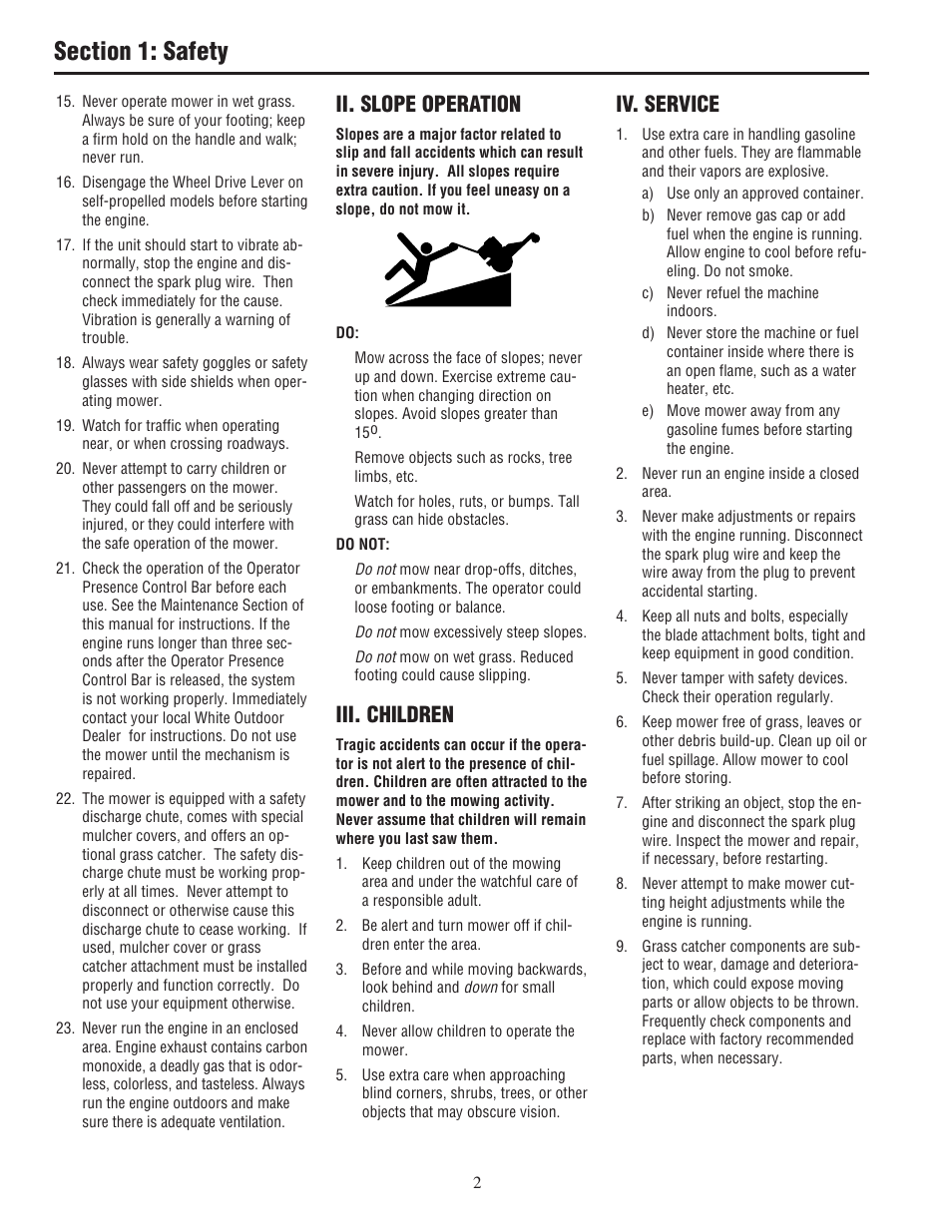 Ii. slope operation, Iii. children, Iv. service | White Outdoor 933R User Manual | Page 4 / 32