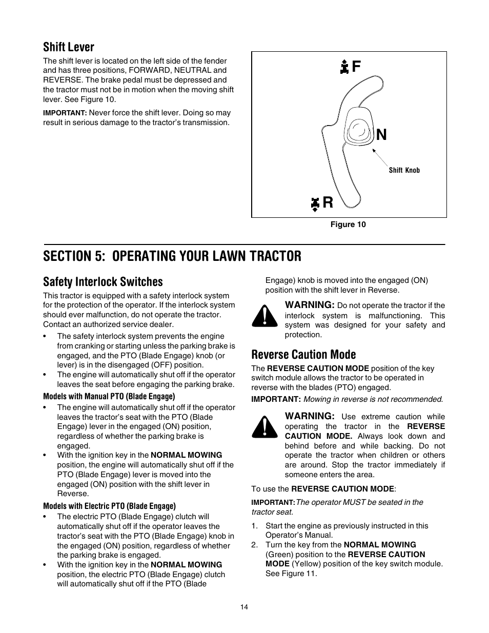 Nf r, Shift lever, Safety interlock switches | Reverse caution mode | White Outdoor LT-542K User Manual | Page 14 / 27