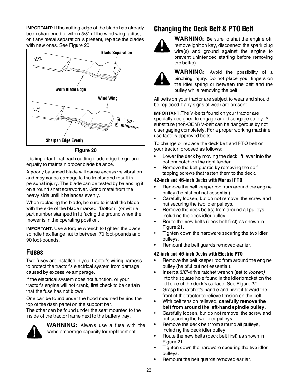 Fuses, Changing the deck belt & pto belt | White Outdoor LT-542K User Manual | Page 23 / 27