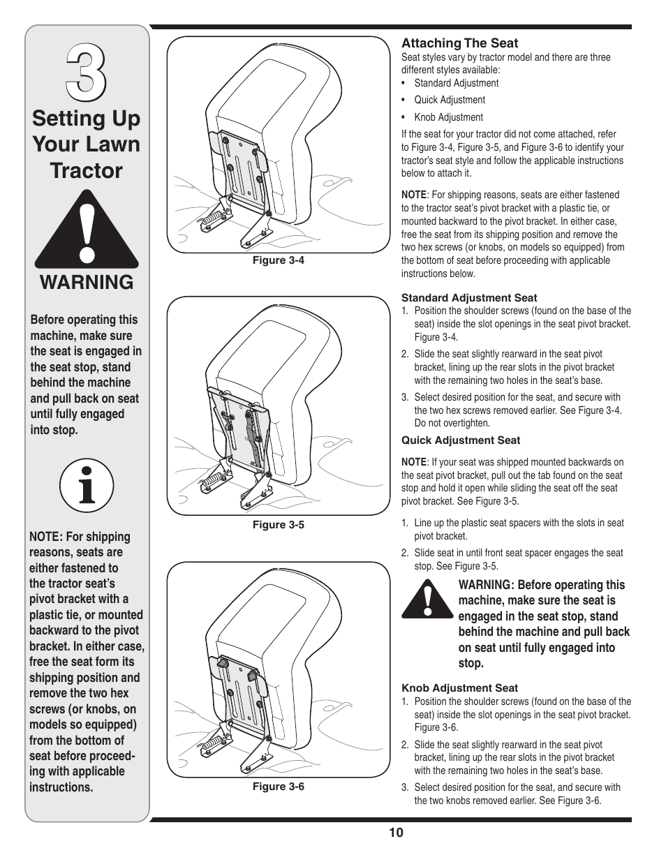 Setting up your lawn tractor, Warning | White Outdoor 606 User Manual | Page 10 / 32