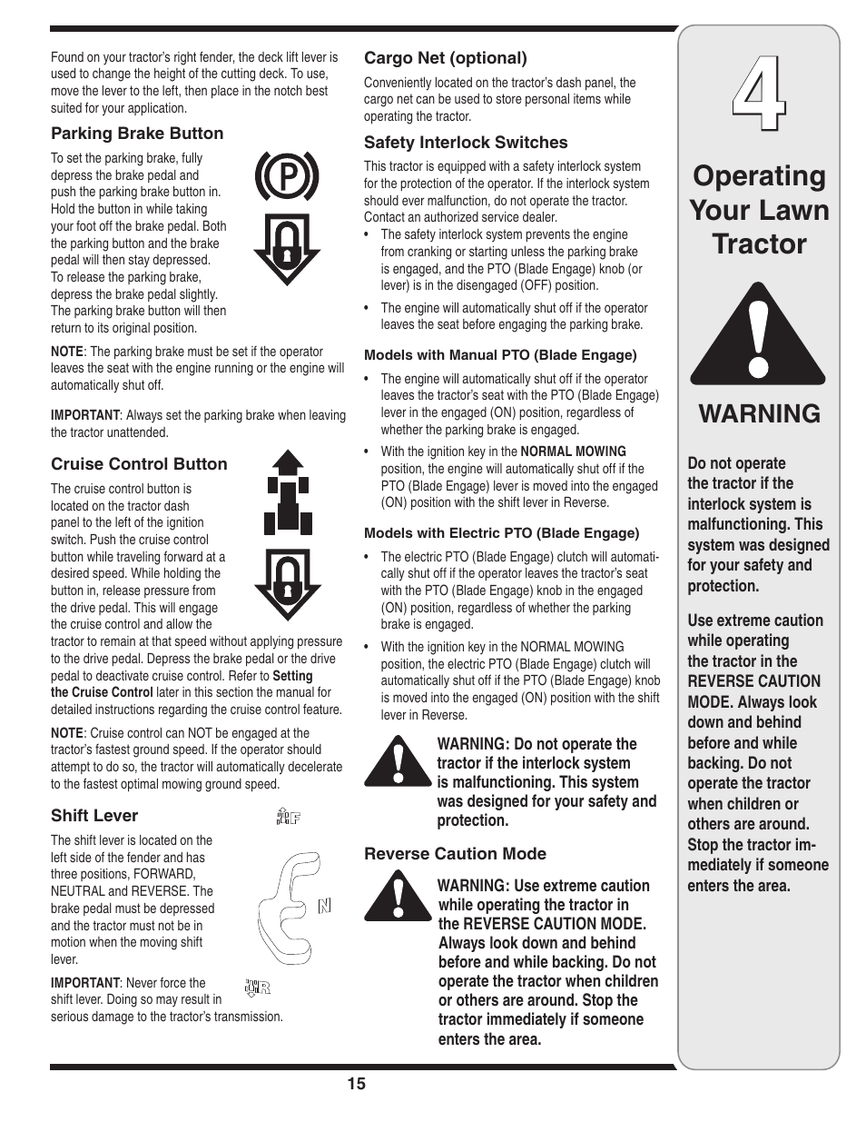 Operating your lawn tractor, Warning | White Outdoor 606 User Manual | Page 15 / 32