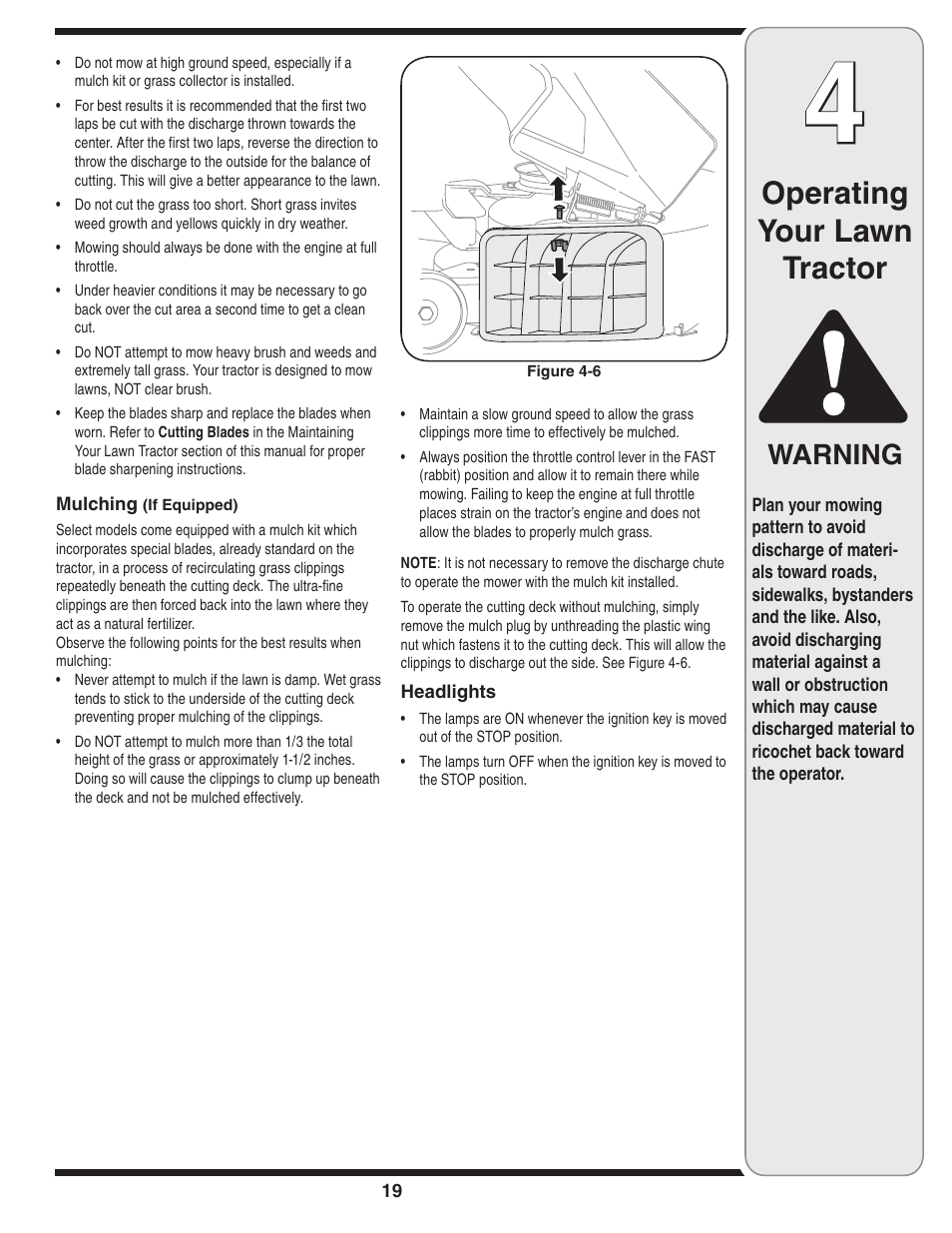 Operating your lawn tractor, Warning | White Outdoor 606 User Manual | Page 19 / 32