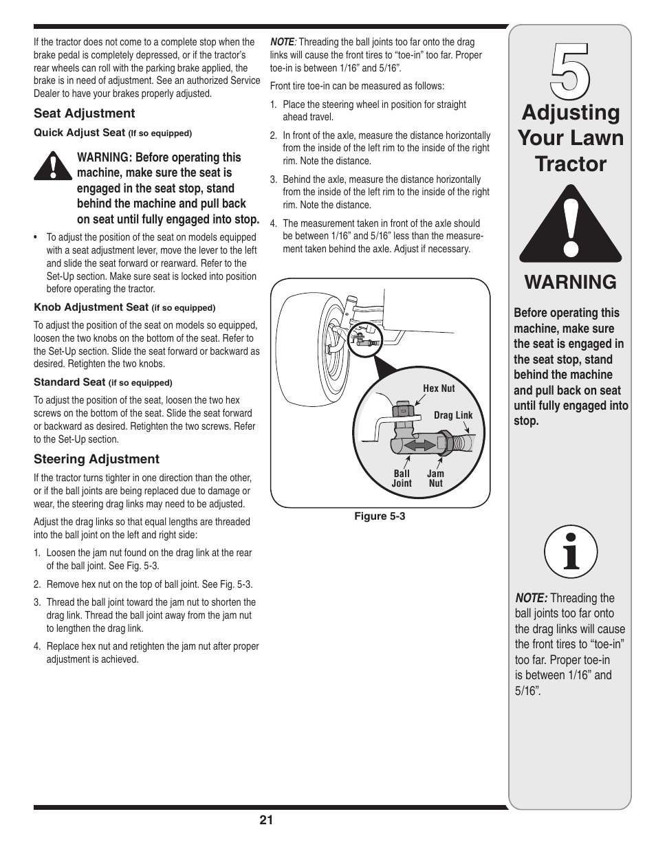 Adjusting your lawn tractor, Warning | White Outdoor 606 User Manual | Page 21 / 32