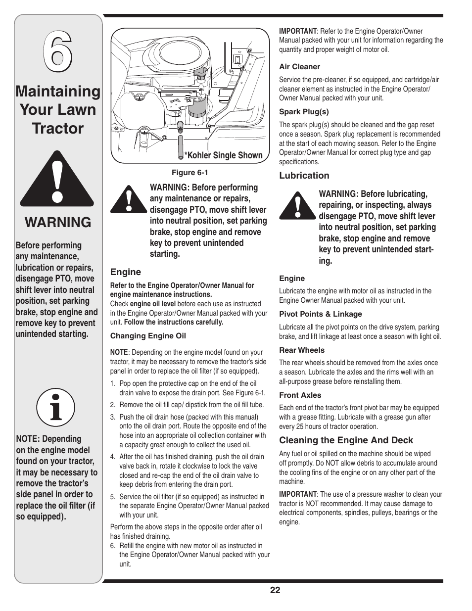 Maintaining your lawn tractor, Warning | White Outdoor 606 User Manual | Page 22 / 32