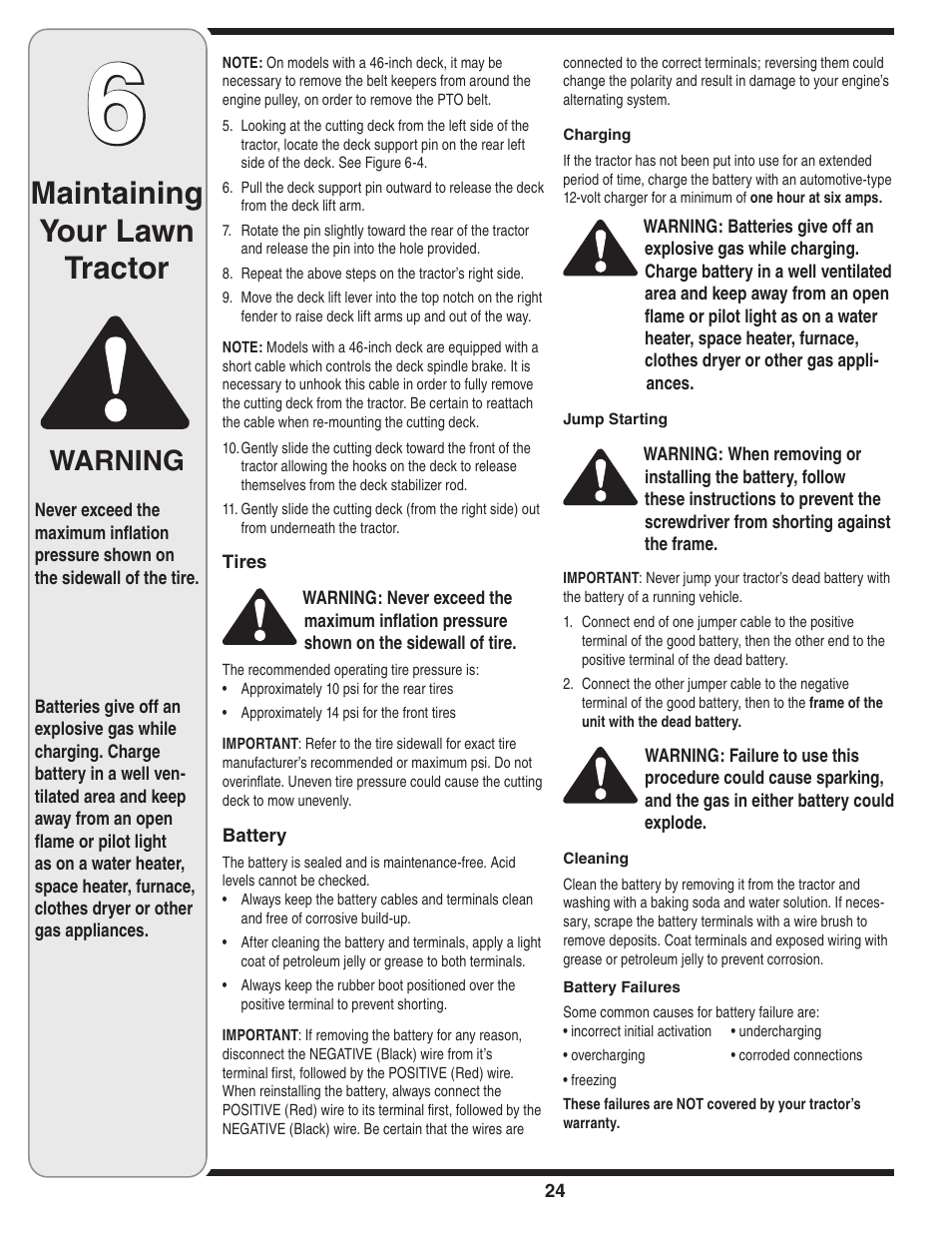 Maintaining your lawn tractor, Warning | White Outdoor 606 User Manual | Page 24 / 32