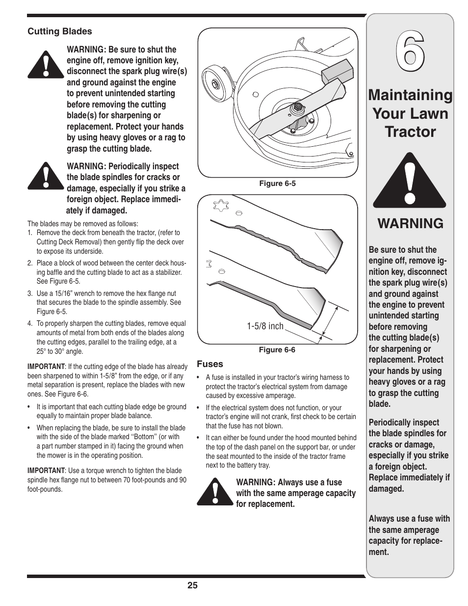 Maintaining your lawn tractor, Warning | White Outdoor 606 User Manual | Page 25 / 32