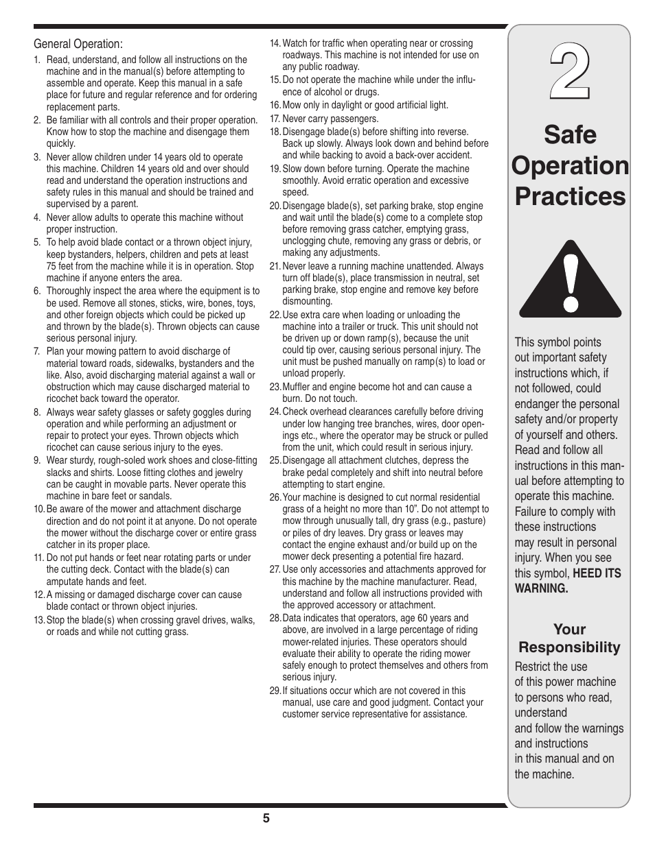 Safe operation practices, Your responsibility | White Outdoor 606 User Manual | Page 5 / 32