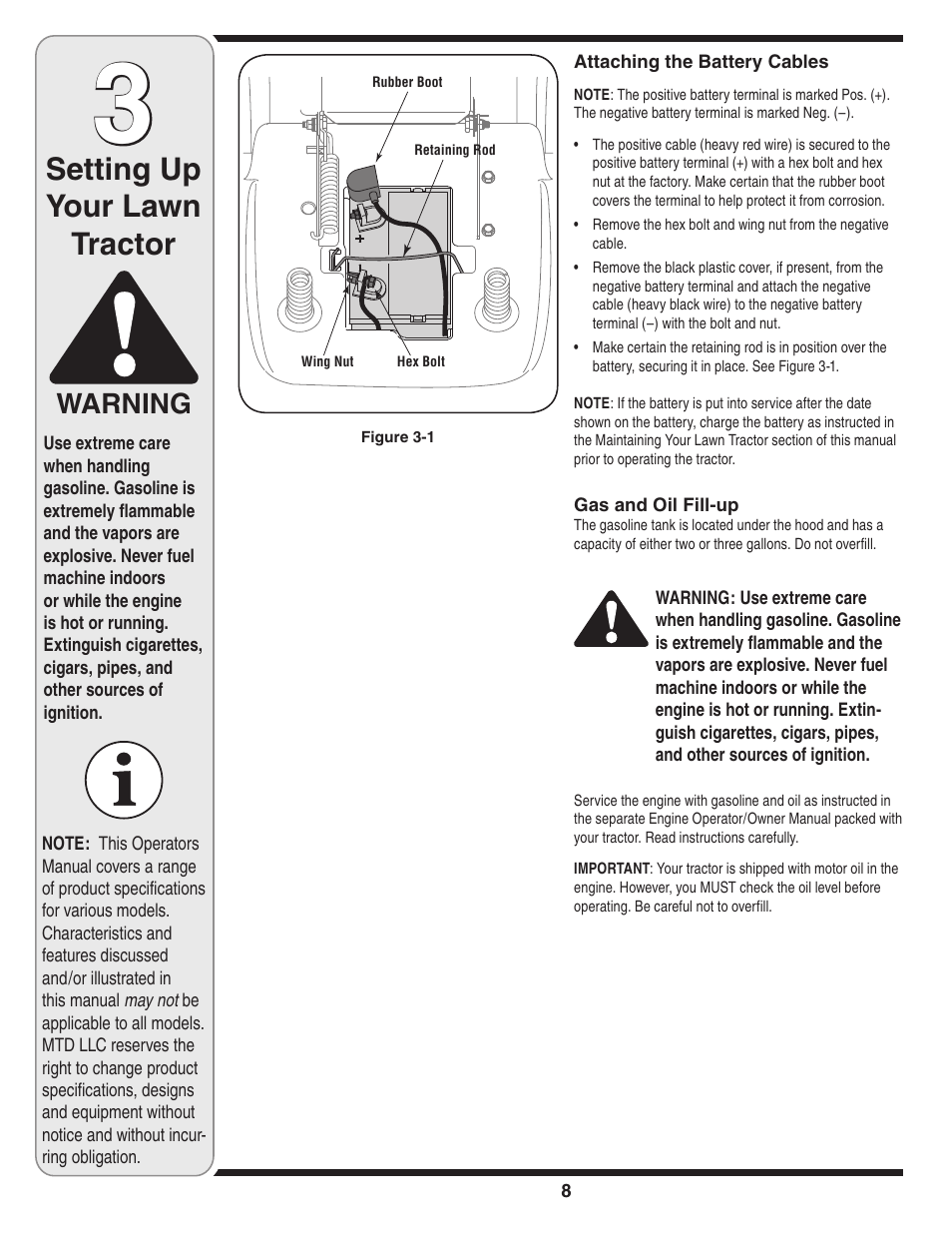 Setting up your lawn tractor, Warning | White Outdoor 606 User Manual | Page 8 / 32