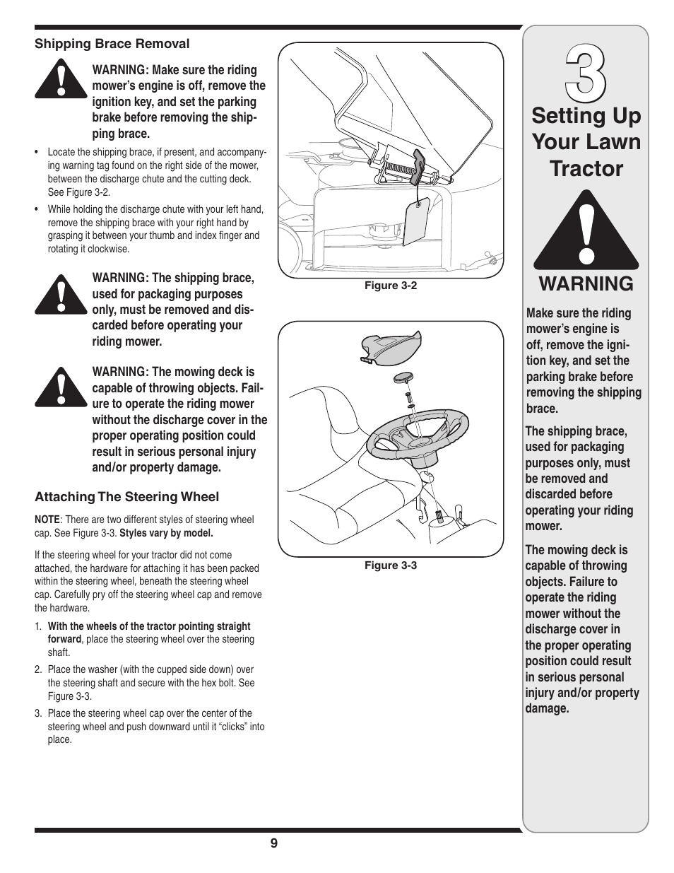 Setting up your lawn tractor, Warning | White Outdoor 606 User Manual | Page 9 / 32