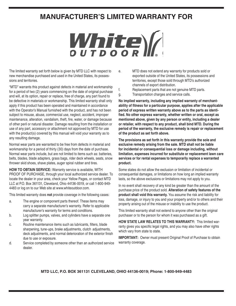 Manufacturer’s limited warranty for | White Outdoor 450 User Manual | Page 20 / 20