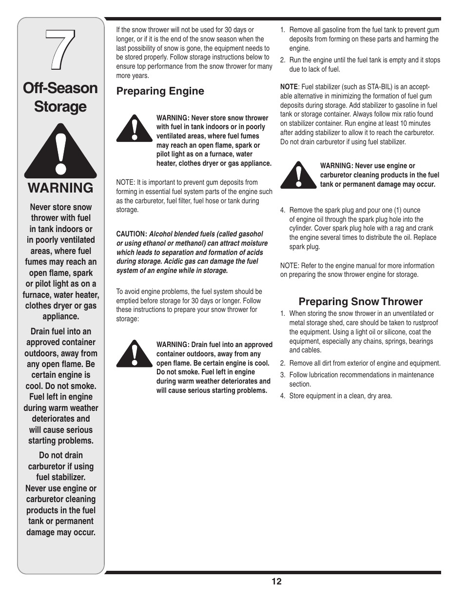 Off-season storage, Warning | White Outdoor 235 User Manual | Page 12 / 20