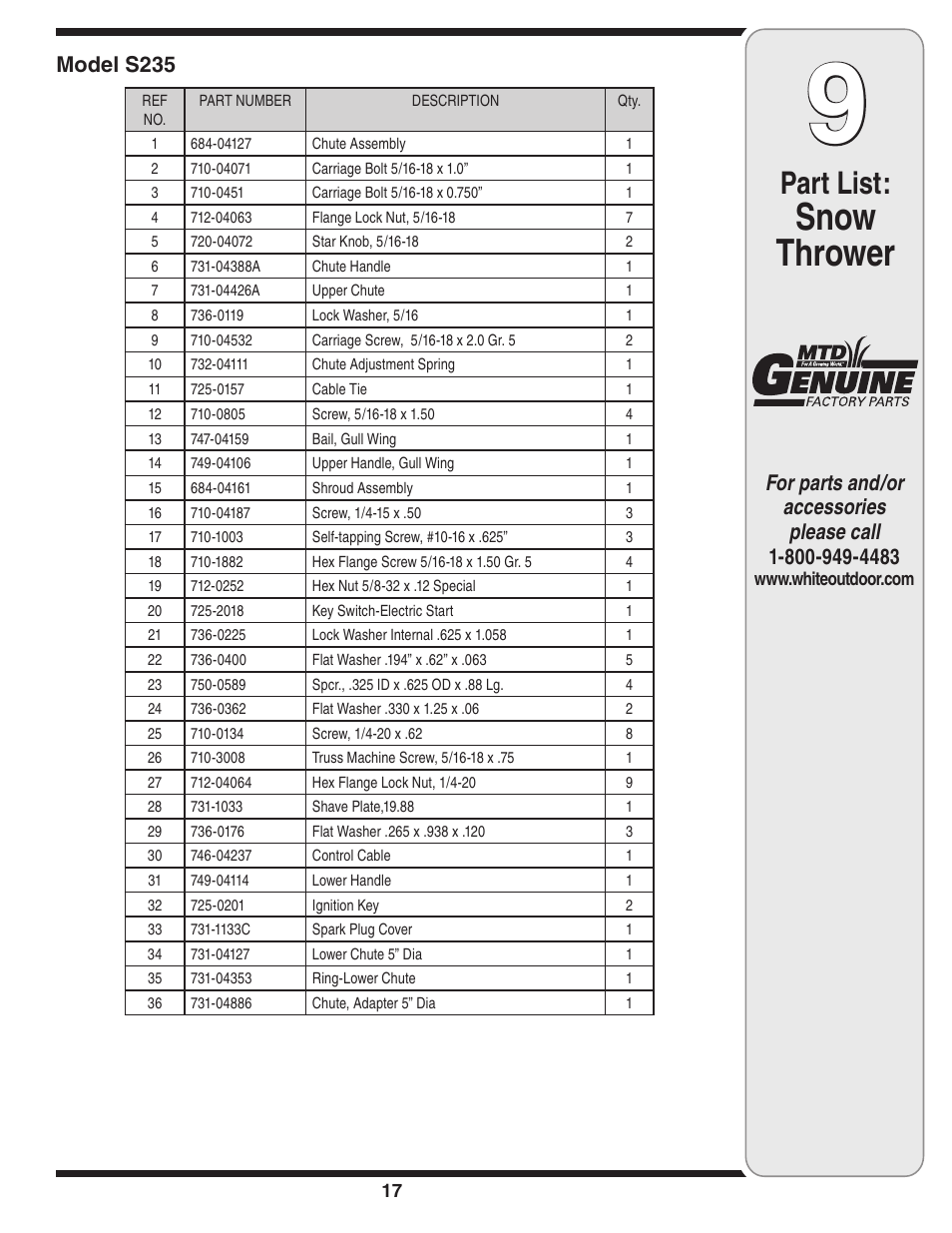 Snow thrower, Part list, Model s235 | White Outdoor 235 User Manual | Page 17 / 20