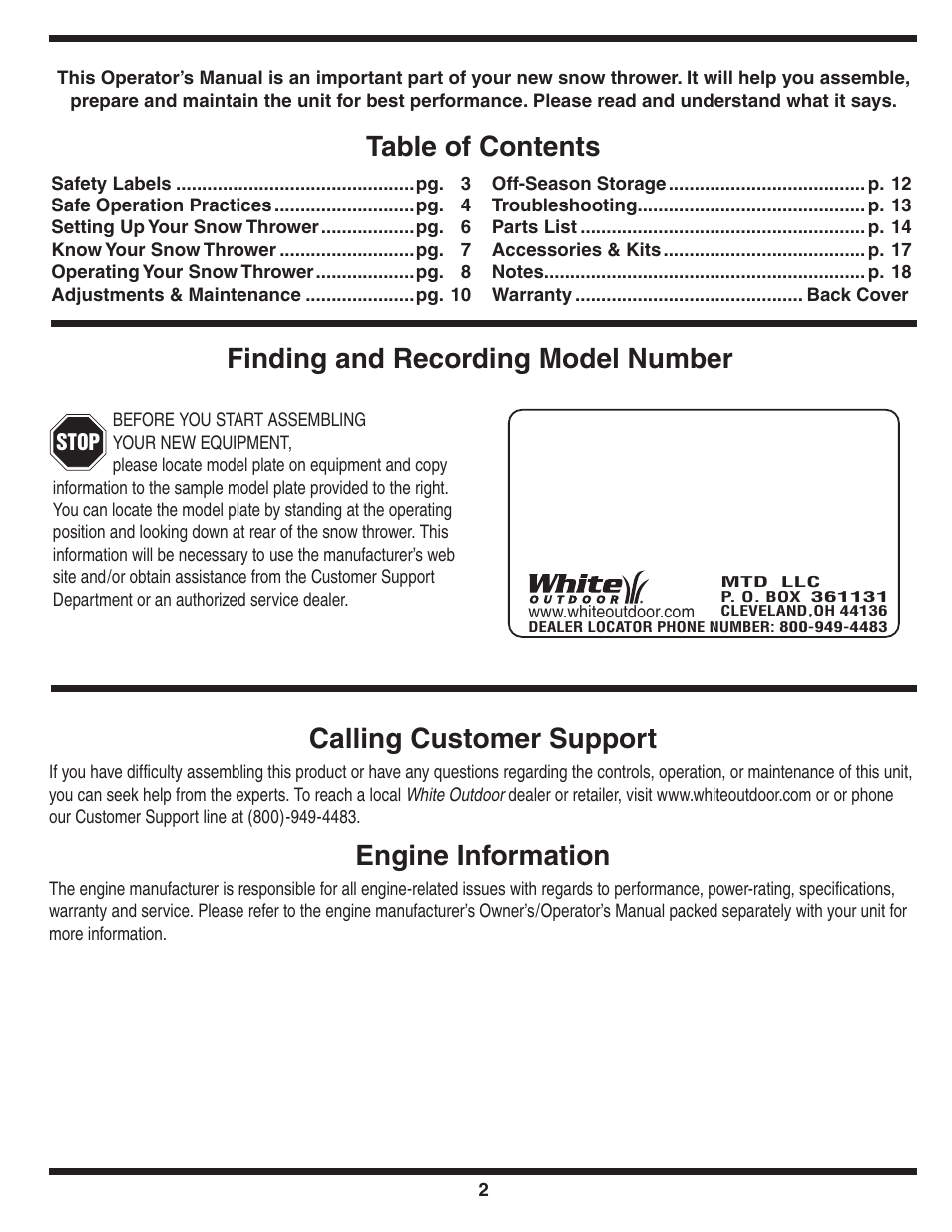 Calling customer support, Engine information | White Outdoor 235 User Manual | Page 2 / 20