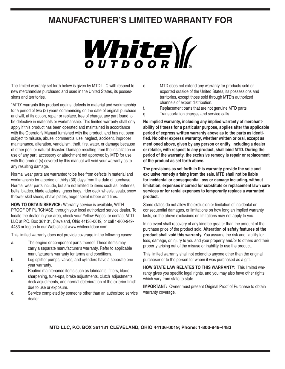 Manufacturer’s limited warranty for | White Outdoor 235 User Manual | Page 20 / 20