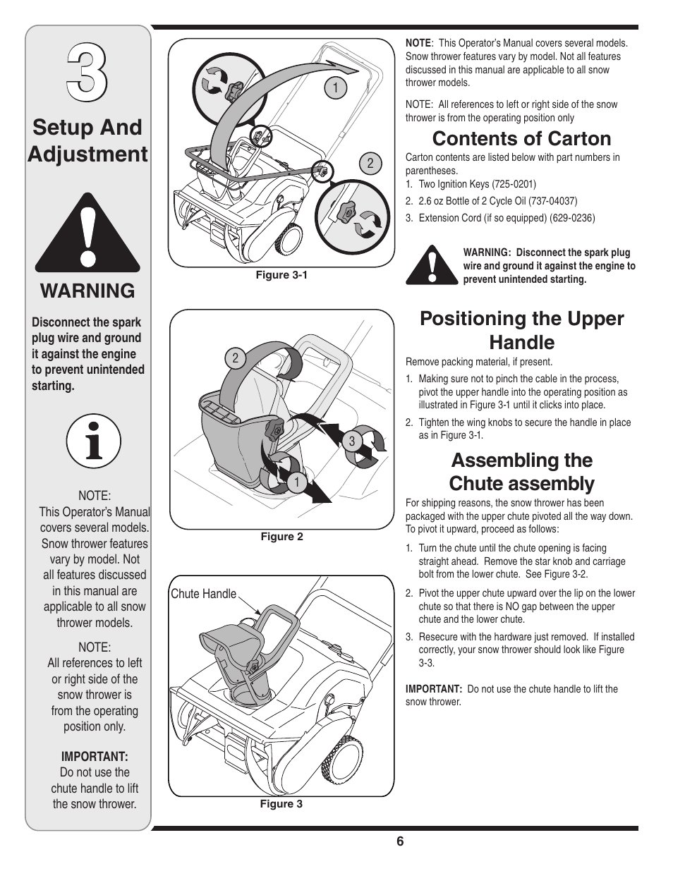 Setup and adjustment, Contents of carton, Positioning the upper handle | Assembling the chute assembly, Warning | White Outdoor 235 User Manual | Page 6 / 20