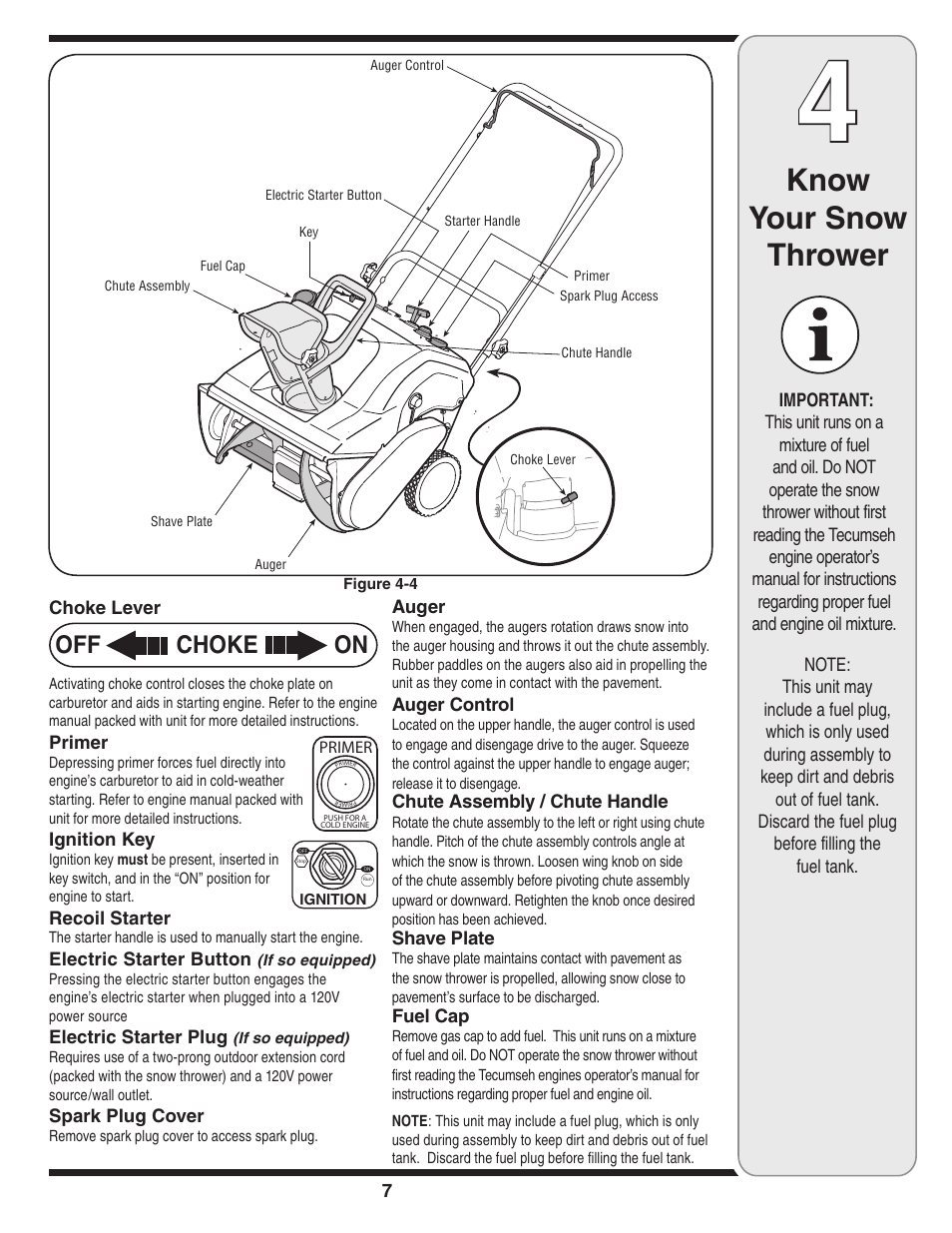 Know your snow thrower, Off choke on | White Outdoor 235 User Manual | Page 7 / 20