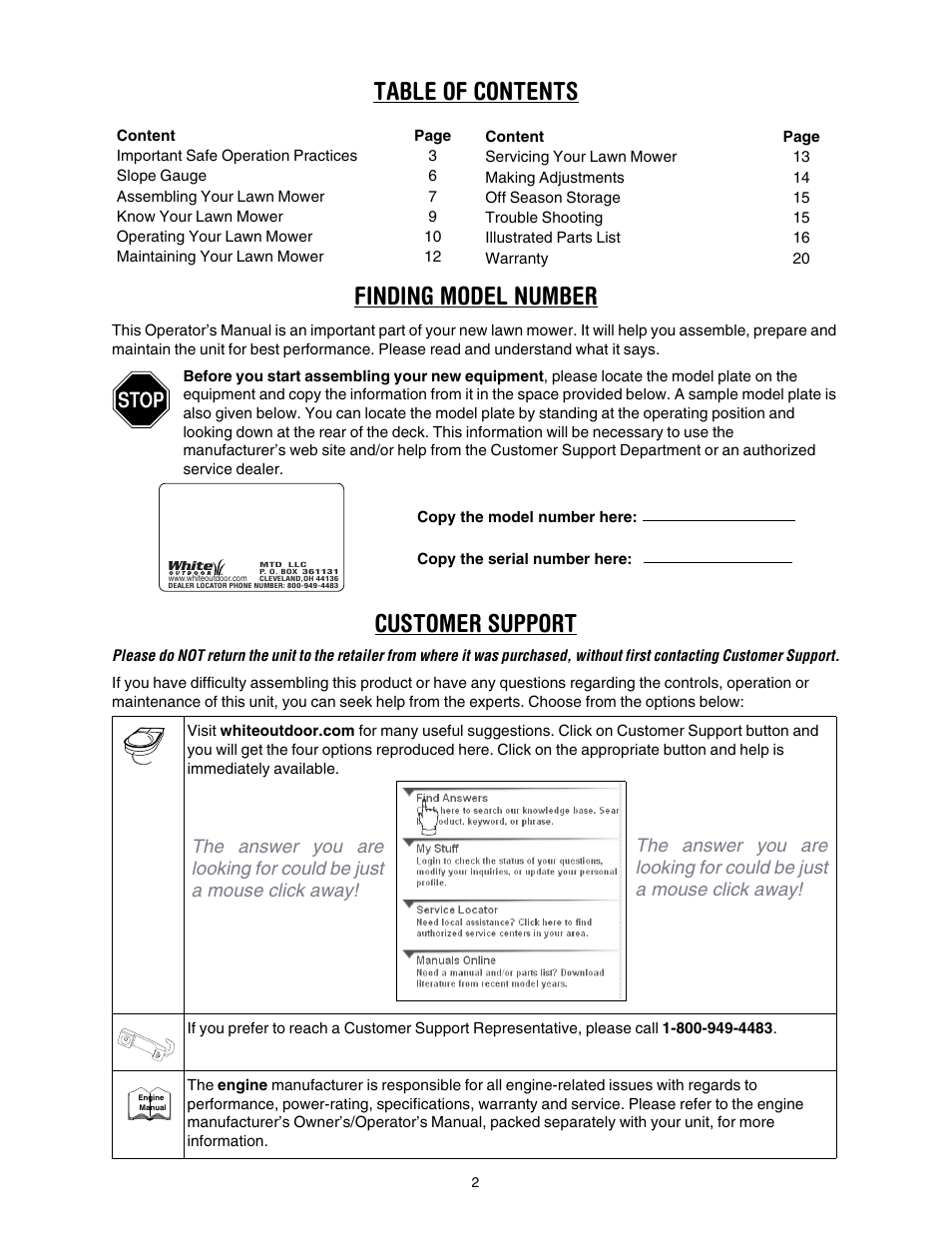 Table of contents finding model number, Customer support | White Outdoor 430 User Manual | Page 2 / 20