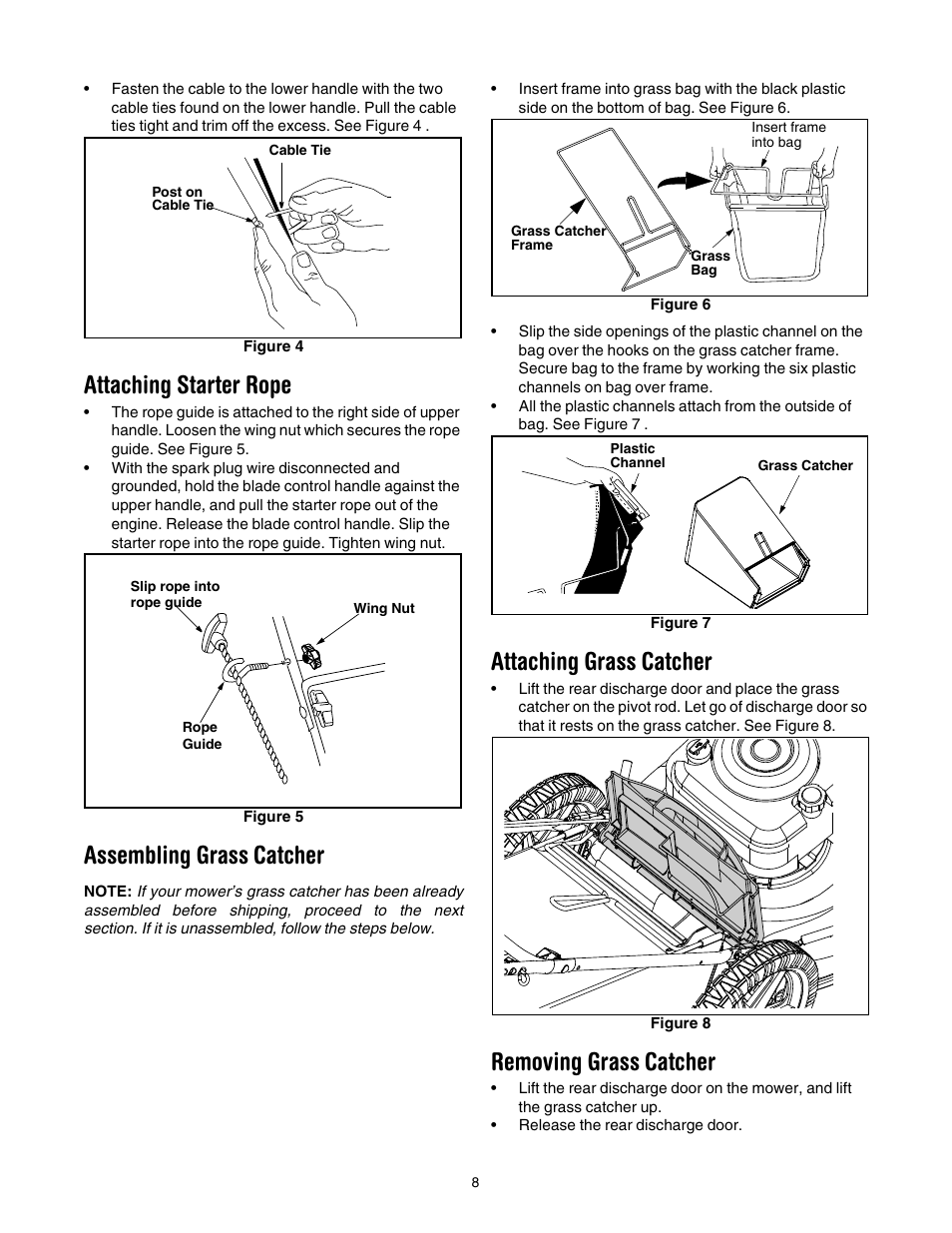 Attaching starter rope, Assembling grass catcher, Attaching grass catcher | Removing grass catcher | White Outdoor 430 User Manual | Page 8 / 20