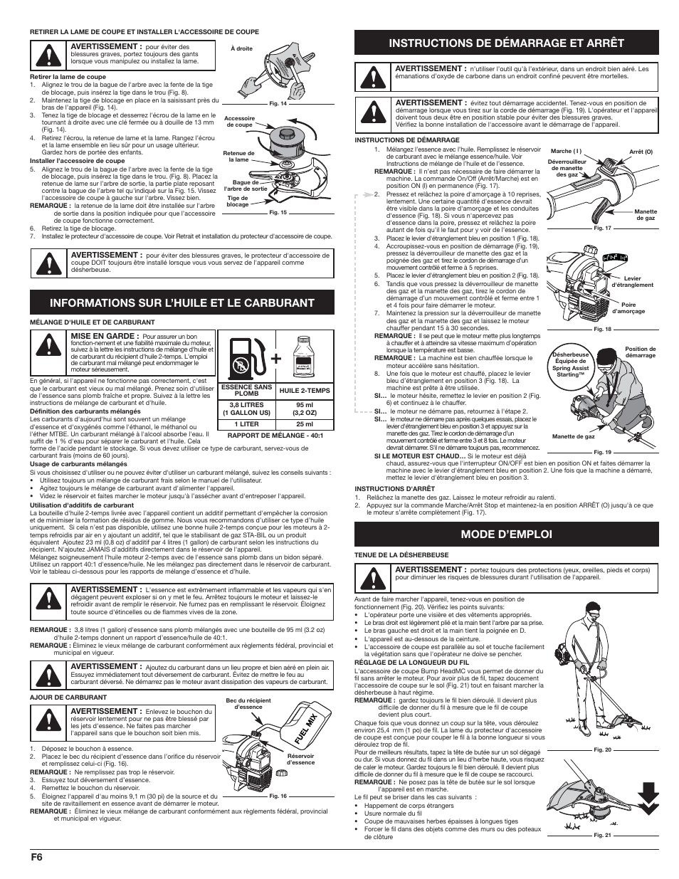 Instructions de démarrage et arrêt mode d’emploi, Informations sur l’huile et le carburant | White Outdoor WH80BC User Manual | Page 16 / 36