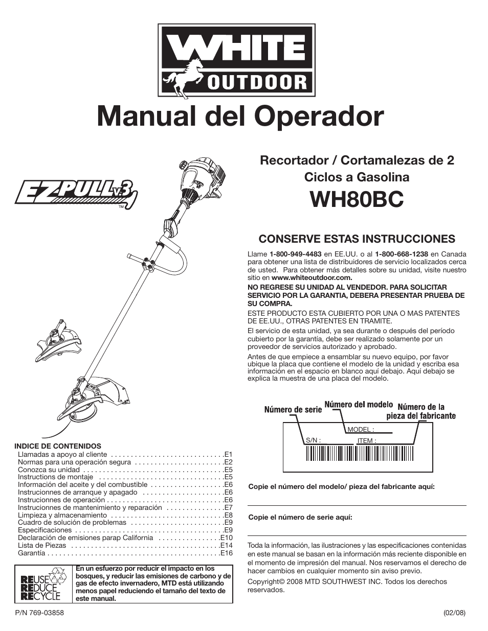 Manual del operador, Wh80bc, Recortador / cortamalezas de 2 ciclos a gasolina | White Outdoor WH80BC User Manual | Page 21 / 36