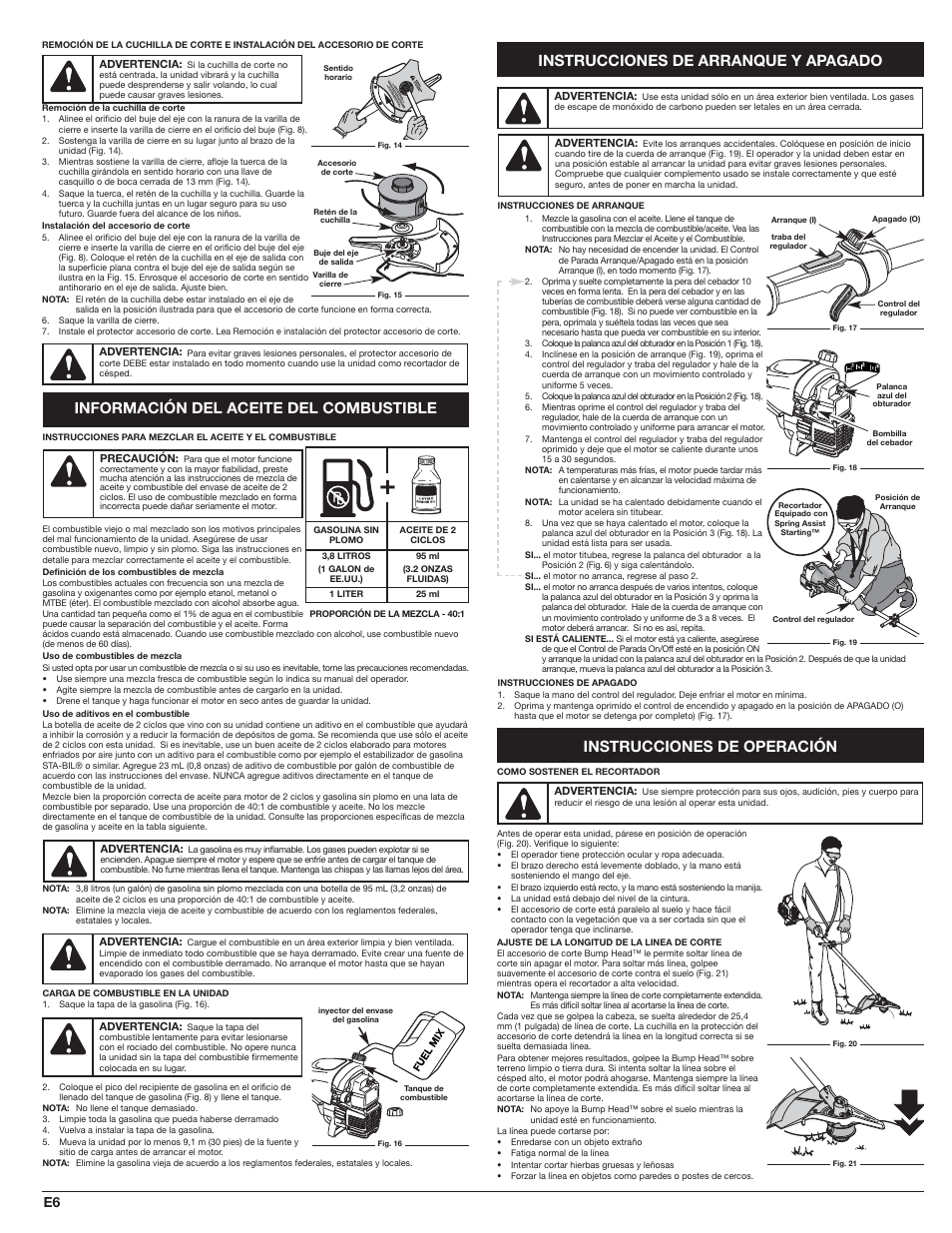 Instrucciones de operación, Instrucciones de arranque y apagado, Información del aceite del combustible | White Outdoor WH80BC User Manual | Page 26 / 36