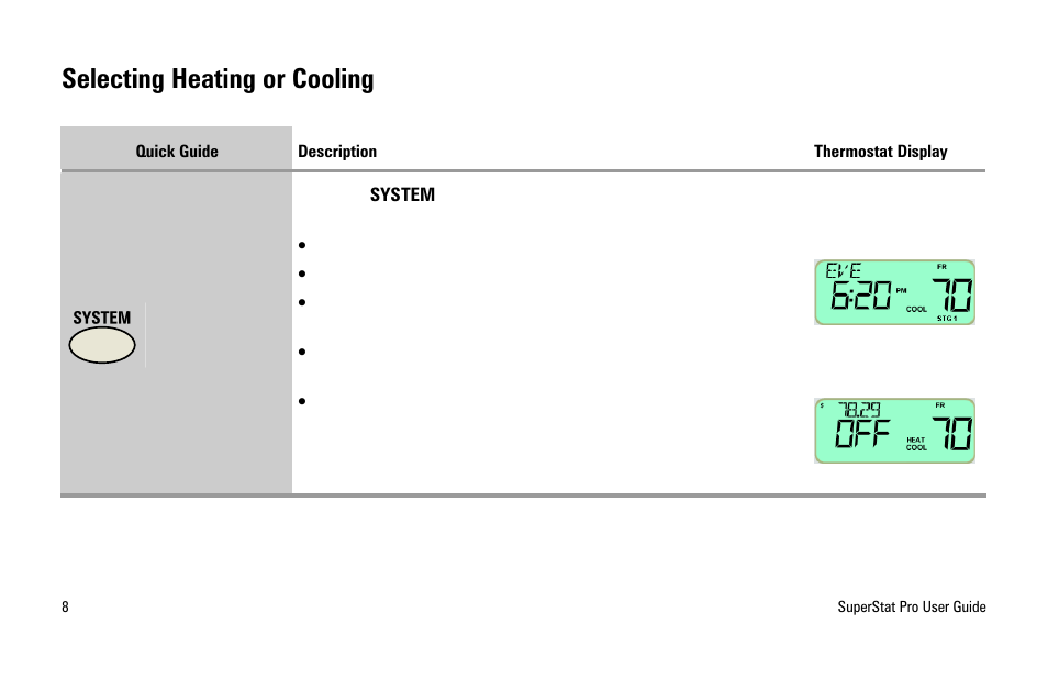 Selecting heating or cooling | White Rodgers SuperStat Pro Programmable Thermostat User Manual | Page 10 / 54