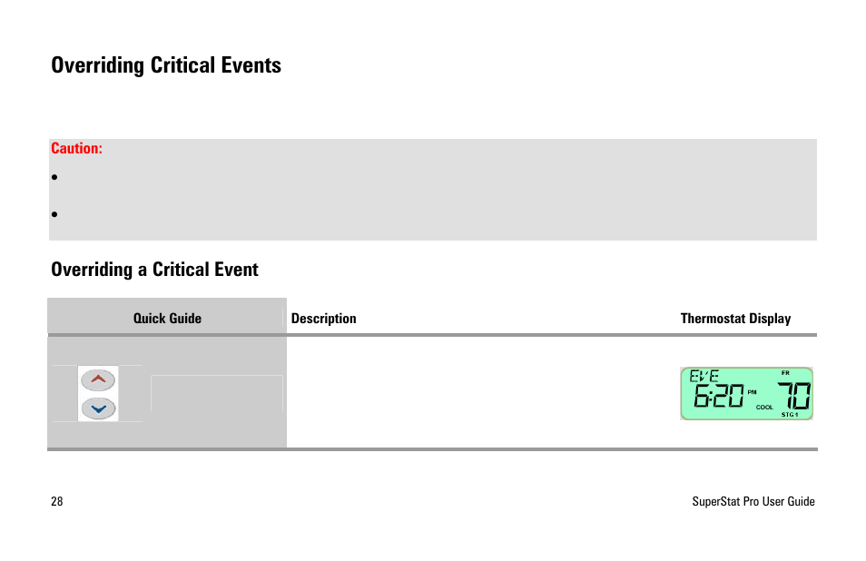 Overriding critical events, Overriding a critical event | White Rodgers SuperStat Pro Programmable Thermostat User Manual | Page 30 / 54