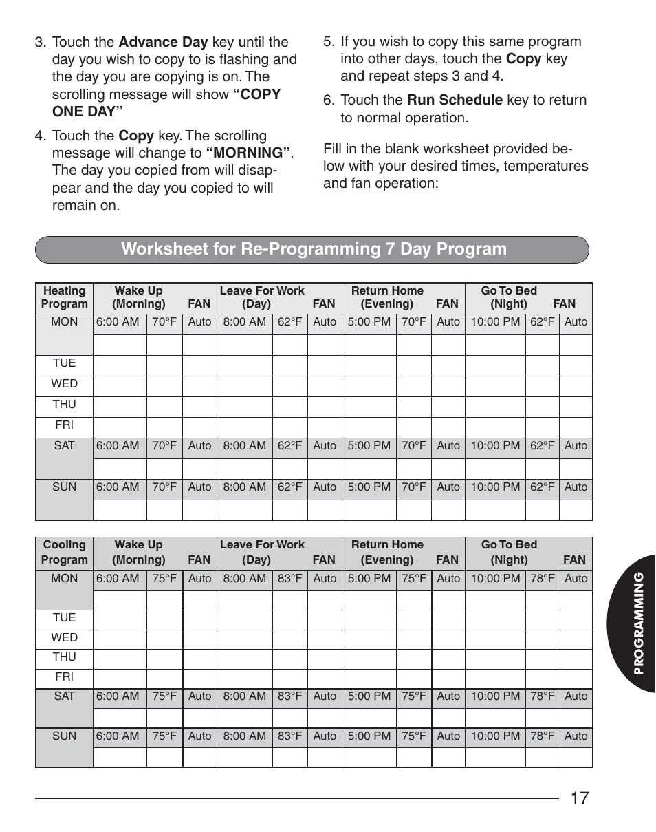 Worksheet for re-programming 7 day program | White Rodgers EMERSON BLUE 1F98EZ-1441 User Manual | Page 17 / 20