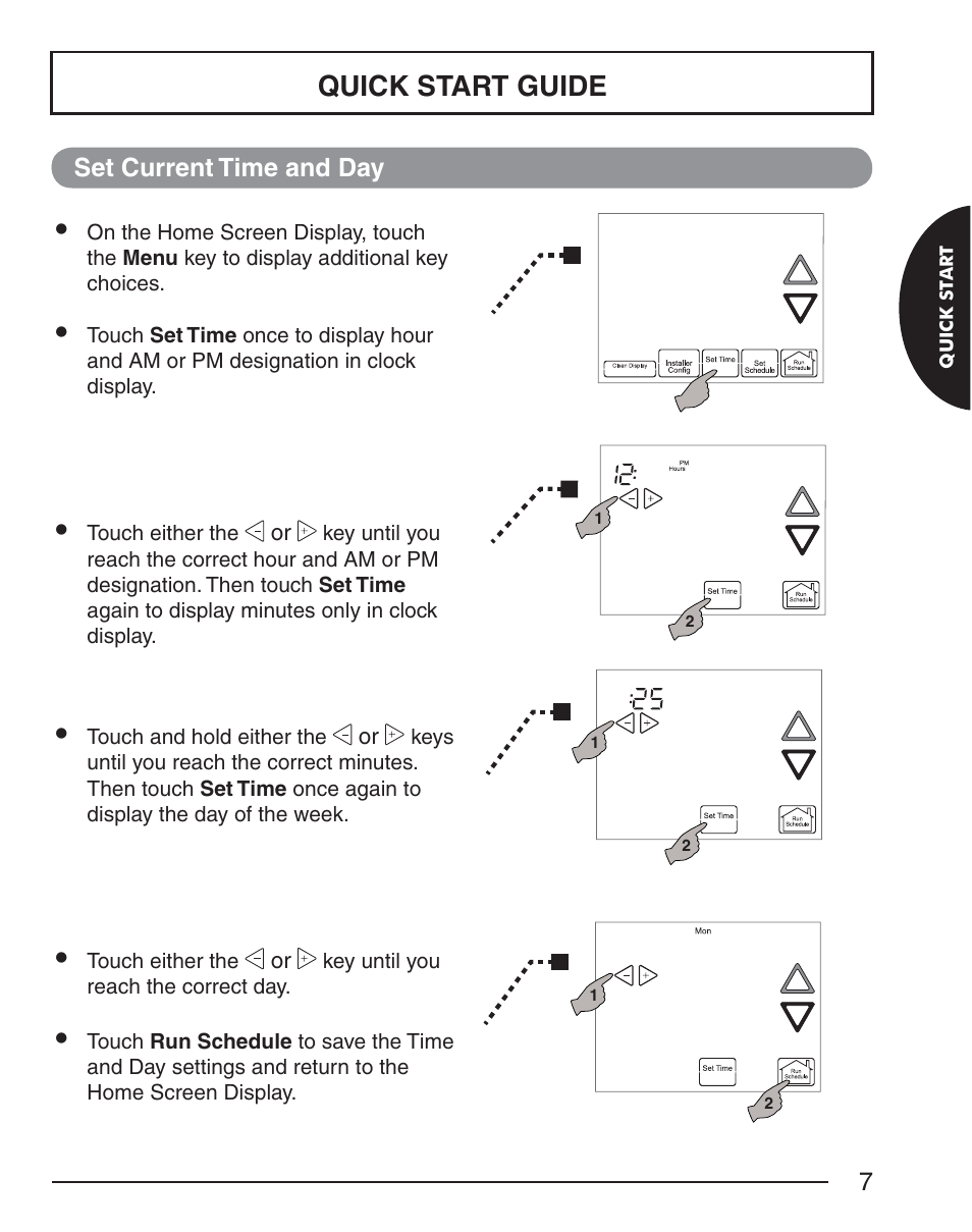 Quick start guide s, Set current time and day | White Rodgers EMERSON BLUE 1F98EZ-1441 User Manual | Page 7 / 20