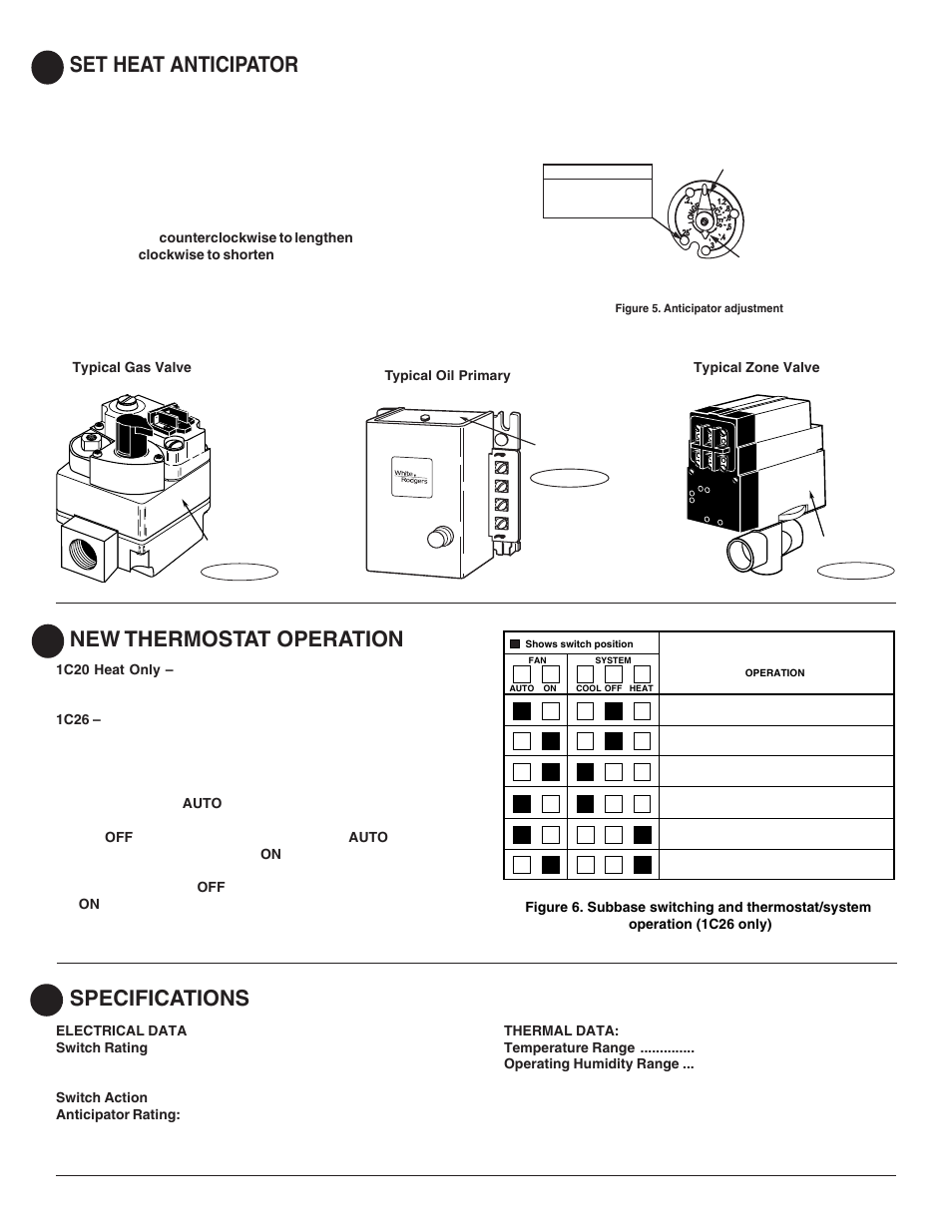 Set heat anticipator, New thermostat operation, Specifications | White Rodgers 1C26 User Manual | Page 3 / 4