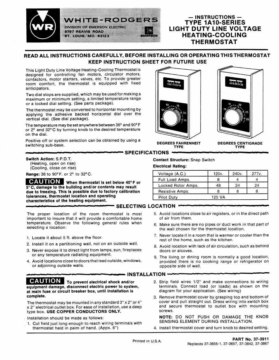 White Rodgers 1A10 User Manual | 3 pages