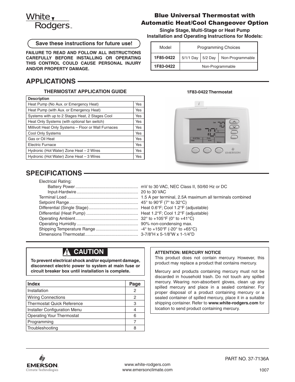 White Rodgers 1F85-0422 User Manual | 12 pages