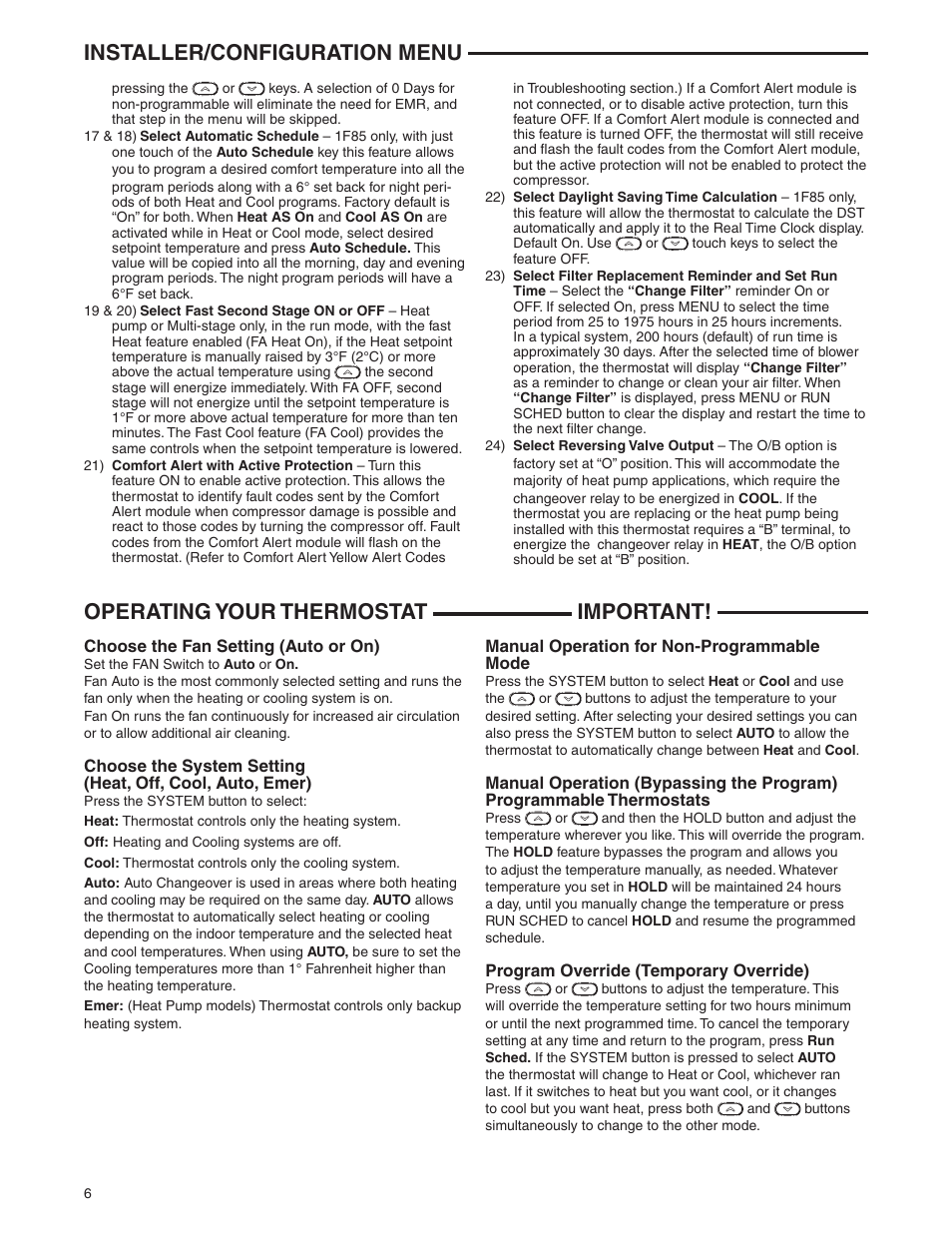 Operating your thermostat important, Installer/configuration menu | White Rodgers 1F85-0422 User Manual | Page 6 / 12