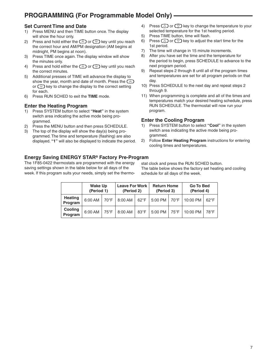 Programming (for programmable model only) | White Rodgers 1F85-0422 User Manual | Page 7 / 12