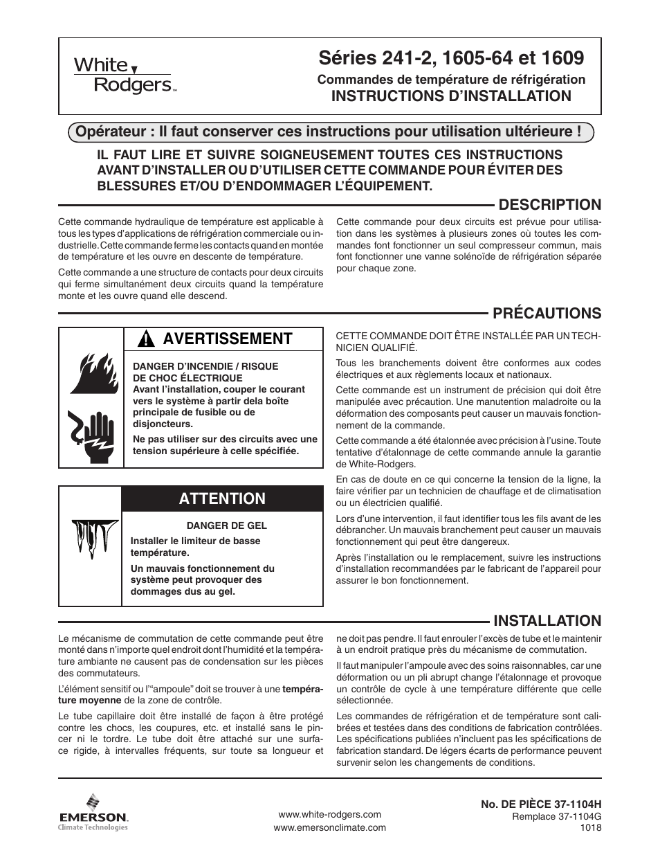 Avertissement, Attention, Description | Instructions d’installation, Installation | White Rodgers 241-2 User Manual | Page 3 / 8
