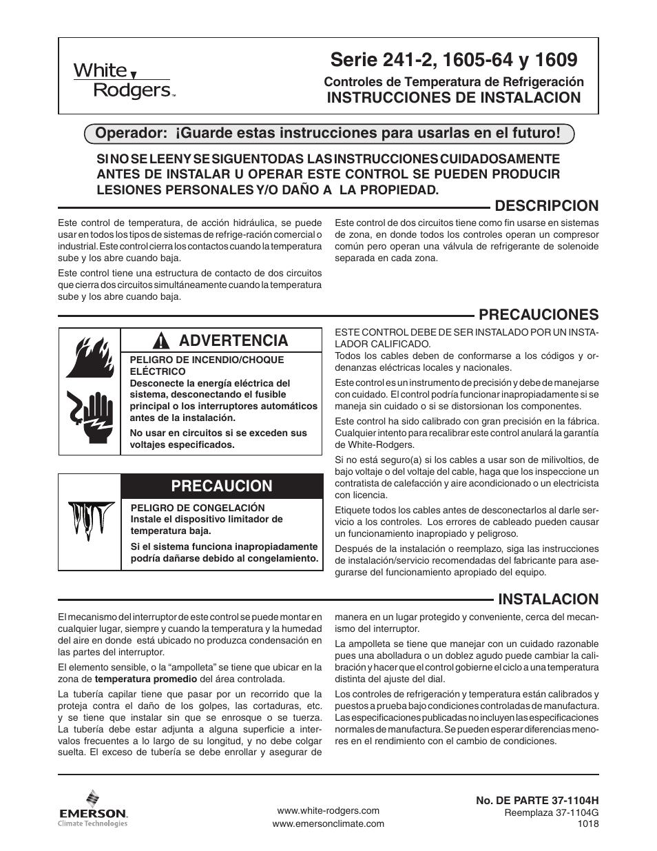 Advertencia, Precaucion | White Rodgers 241-2 User Manual | Page 5 / 8