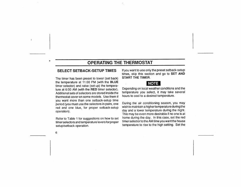 Select setback-setup times, Note, Operating the thermostat | White Rodgers 1F70 User Manual | Page 6 / 16
