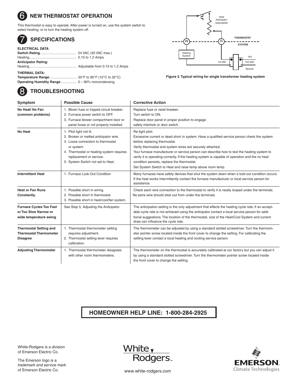 New thermostat operation, Specifications, Troubleshooting | White Rodgers 1E30N-910 User Manual | Page 2 / 4