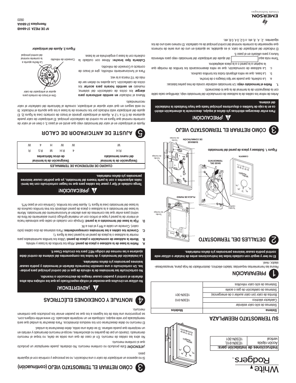 Su termostat o reemplaza, Preparación, Detalles del termostat o | Cómo retirar el termost ato viejo (continuación), Montaje y conexiones eléctricas, Cómo retirar el termost ato viejo, Ajuste de anticip ador de calor, Precaución, Advertencia, Instrucciones de instalación para | White Rodgers 1E30N-910 User Manual | Page 4 / 4
