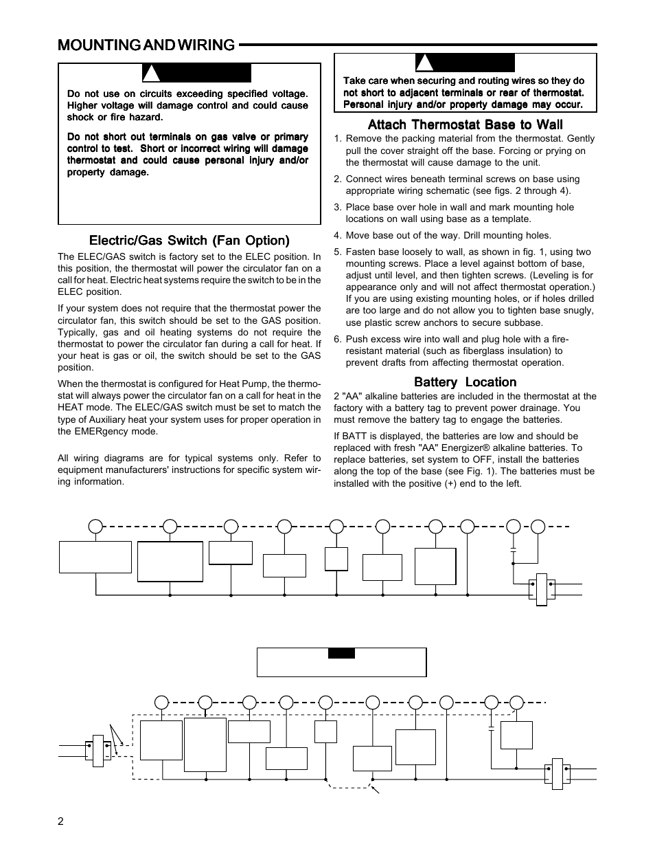 Mounting and wiring, Warning, Caution | Electric/gas switch (fan option), Attach thermostat base to wall, Battery location | White Rodgers PART NO. 37-6509A User Manual | Page 2 / 10