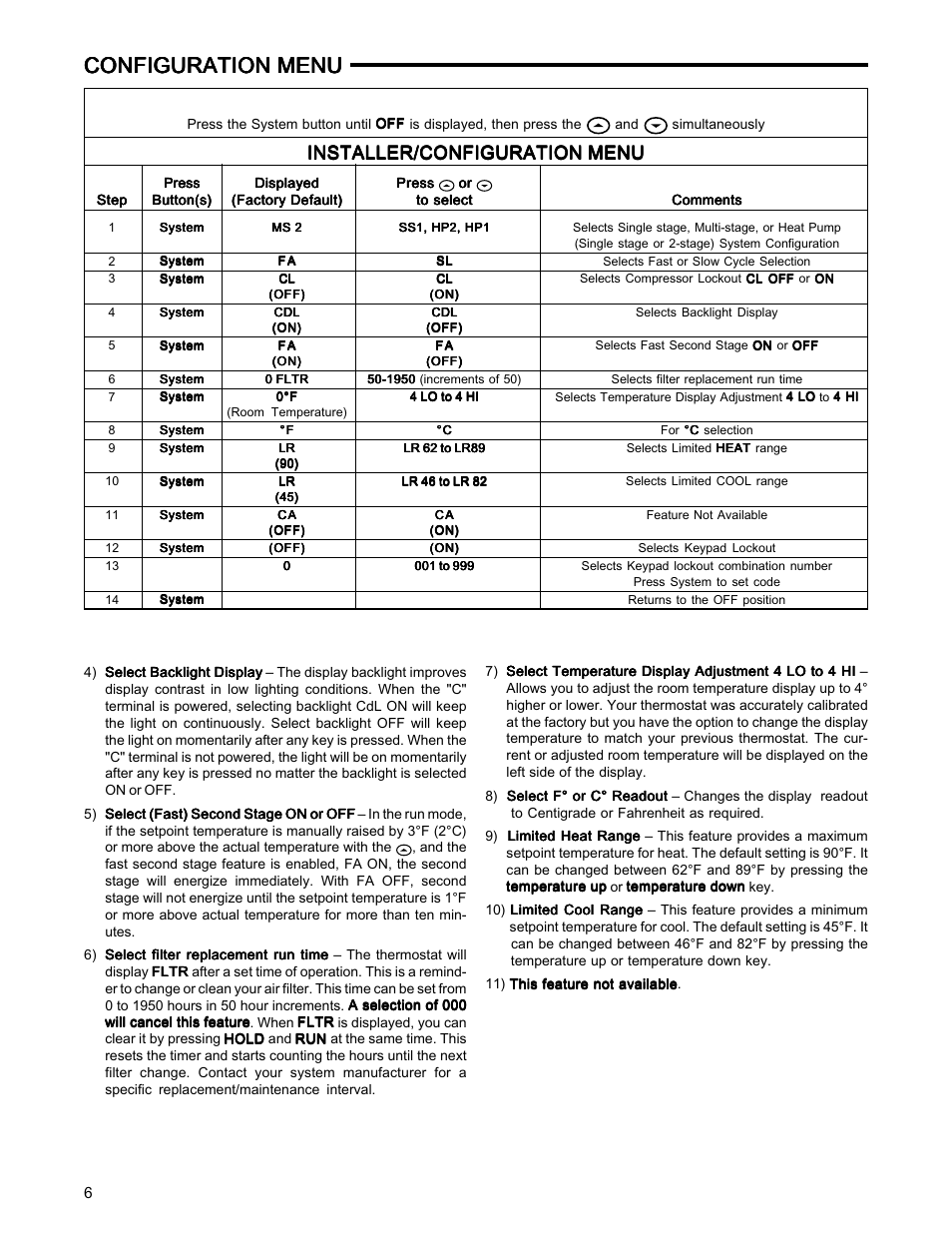 Configuration menu, Installer/configuration menu | White Rodgers PART NO. 37-6509A User Manual | Page 6 / 10