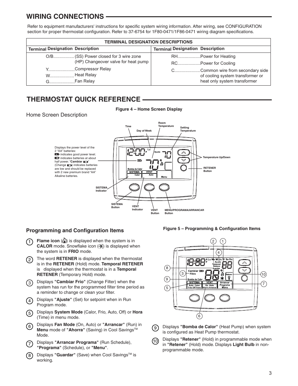 Thermostat quick reference, Wiring connections, Home screen description | Programming and confi guration items | White Rodgers 1F80ST-0471 User Manual | Page 3 / 8