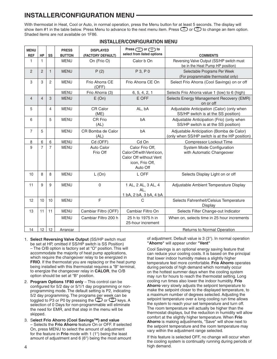 Installer/configuration menu | White Rodgers 1F80ST-0471 User Manual | Page 4 / 8