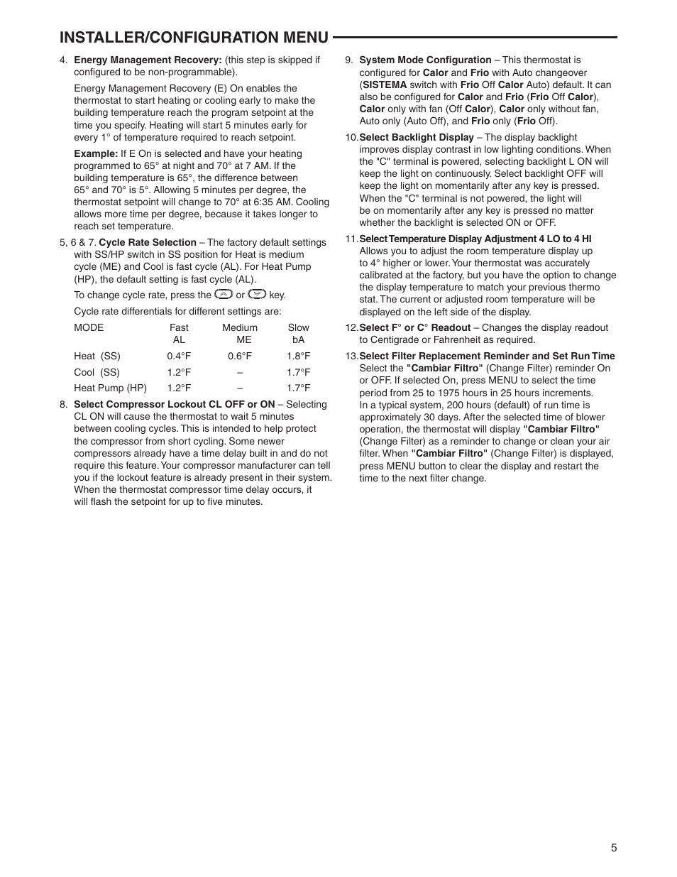 Installer/configuration menu | White Rodgers 1F80ST-0471 User Manual | Page 5 / 8