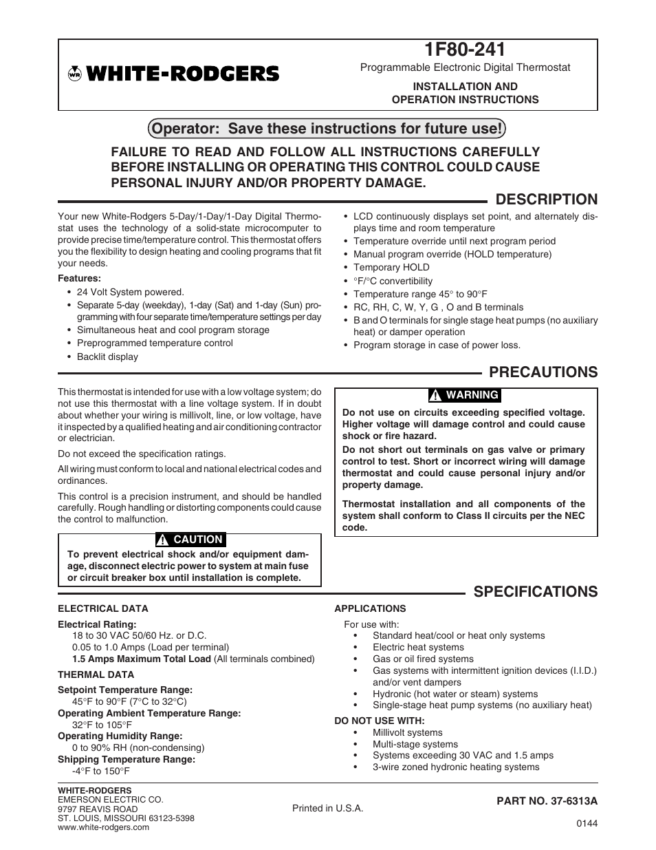 White Rodgers 1F80-241 User Manual | 6 pages