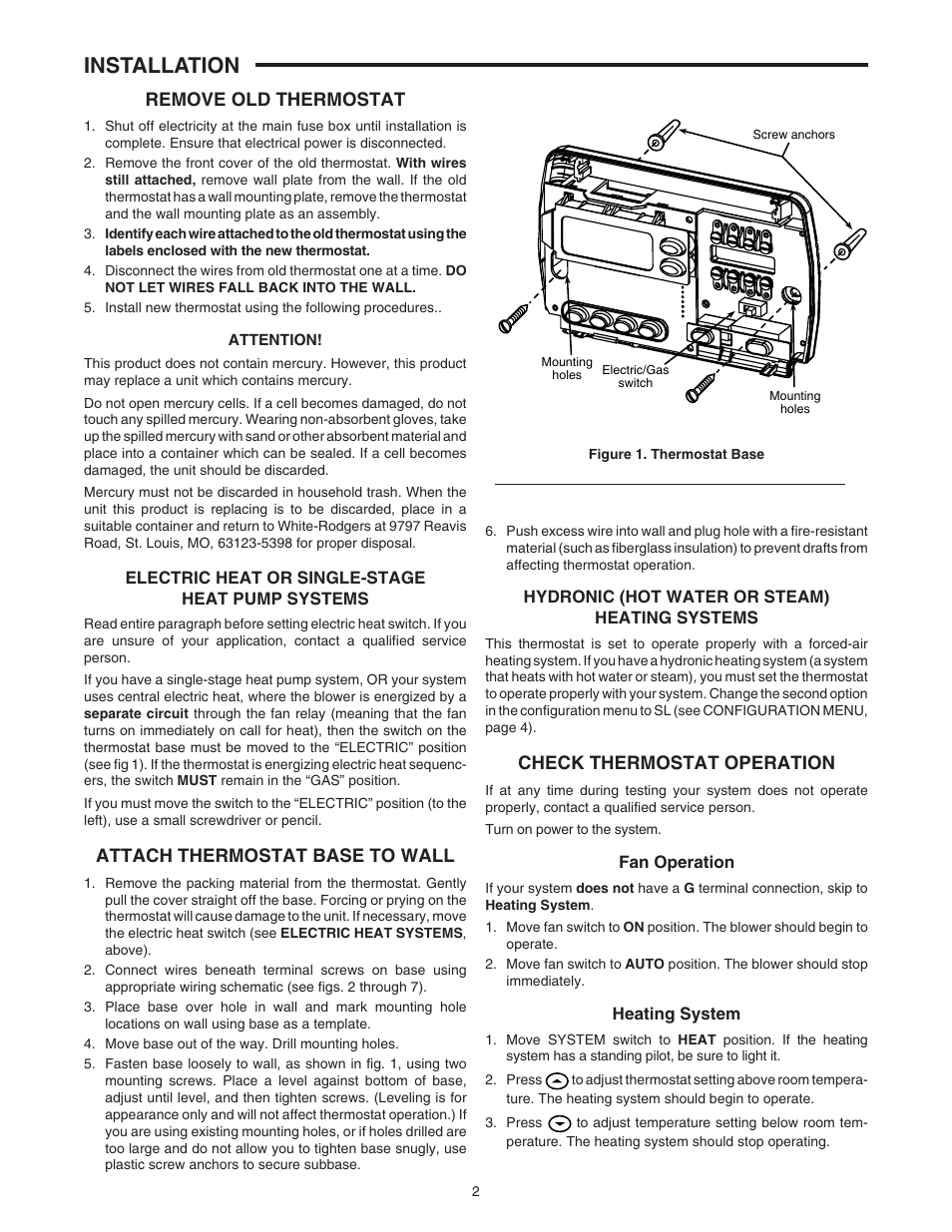 Installation, Remove old thermostat, Attach thermostat base to wall | Check thermostat operation | White Rodgers 1F80-241 User Manual | Page 2 / 6